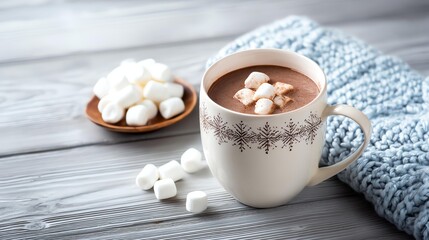 Cozy Cocoa Comfort: A steaming cup of rich cocoa adorned with fluffy marshmallows rests invitingly beside a soft knitted scarf, promising warmth and comfort on a cold day.