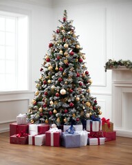 Festive Christmas Tree: A beautifully adorned Christmas tree, laden with ornaments and gifts, stands ready to spread festive cheer, evoking the anticipation of the holiday season.