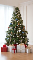 Christmas Tree with Presents: The image captures a festive scene featuring a beautifully adorned Christmas tree, surrounded by elegantly wrapped presents, creating a warm and inviting atmosphere.