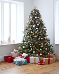 Festive Season in Full Bloom: A vibrant Christmas tree, adorned with shimmering ornaments, stands proudly in a warmly lit room, surrounded by neatly wrapped gifts, conveying the magic of the holidays.