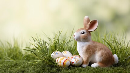 Easter Bunny with Eggs: A charming bunny with a fluffy tail, surrounded by decorative Easter eggs, sits on a bed of fresh green grass, embodying the joy of spring.