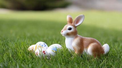 Easter Bunny and Eggs in Grass: An adorable bunny figure sits amidst brightly decorated eggs in a vibrant green grass, evoking the joyous spirit of spring and Easter.