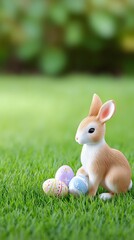Easter Bunny and Eggs: A charming bunny figurine and decorated Easter eggs nestled in vibrant green grass, evoking the joyful spirit of springtime and celebration.