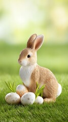 Easter Bunny Amidst Decorated Eggs: A cute bunny sits in a lush green field alongside decorated easter eggs, creating a vibrant scene of springtime joy.