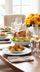 Elegant Dining Scene: A beautifully set table adorned with culinary delights, inviting diners to a feast of flavors and shared moments.