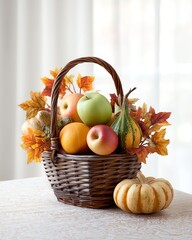 Autumnal Harvest Bounty: A rustic basket overflows with the vibrant colors and shapes of a seasonal harvest. Apples, oranges, and gourds nestle amongst autumnal leaves.