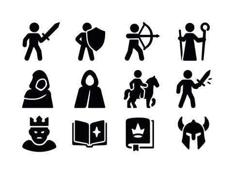 Heroic Icons Grid. Heroic figures. Solid icon set of Heroic figures: sword hero, shield bearer, archer icon, mage with staff, rogue icon, crowned warrior,