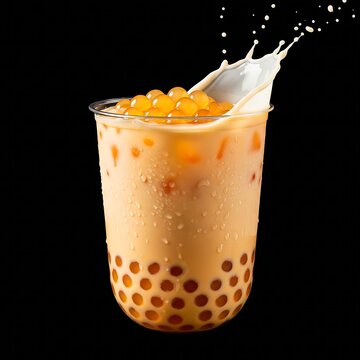 bubble tea with A light amber wintermelon tea with a splash of milk and golden boba. Black background. Focus on the clarity of the pearls and crisp condensation. Vibrant golden hues, pop culture, stud