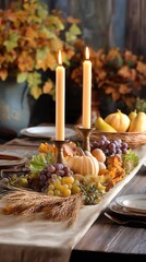 Elegant Autumnal Feast: A beautifully arranged tablescape captures the essence of autumn with candles, seasonal fruits, and gourds, creating a warm, inviting atmosphere for a festive celebration.