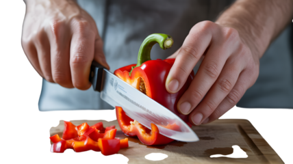 Chef's hands precisely slicing a vibrant red bell pepper into small pieces on a wooden cutting board on transparent background