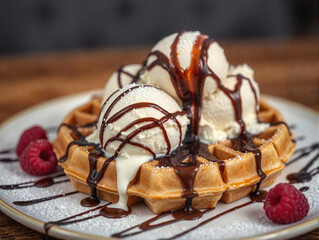 Belgian waffle, melting ice cream, dripping chocolate, and glossy raspberries are captured in detail. 