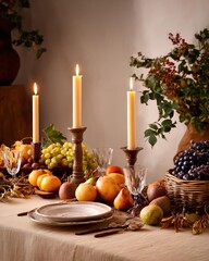 Elegant Autumnal Banquet: A beautifully arranged tablescape adorned with lit candles, fresh fruits, and foliage, evoking warmth, abundance, and the spirit of gathering.