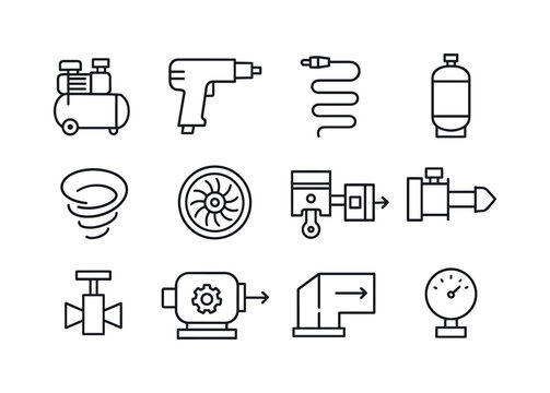 Gas Equipment Icons. Gases. Line icon set of Gases: air compressor, pneumatic tool symbol, compressed air hose, air tank icon, airflow vortex, turbine airflow