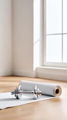 Gym Essentials Still Life: A minimalist composition showcasing essential workout equipment - a dumbbell and a rolled yoga mat, bathed in natural light.