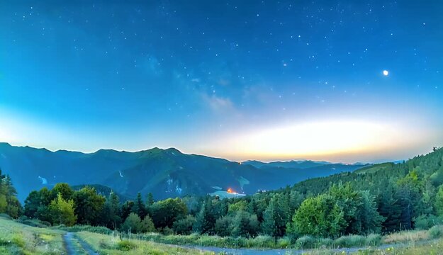 Vast Starry Night Sky Over Rolling Hills and Distant City Lights at Twilight