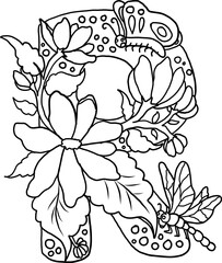 Floral alphabet letter A-Z hand drawn Illustration, Decorative botanical typography for coloring Pages and creative design.Set of flower alphabet.Line art and doodle for t-shirt.Elements with flower.