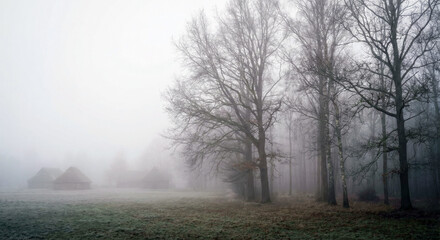 Trees Emerging from Fog in Rural Village Winter Morning