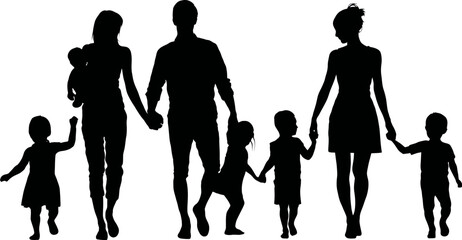 A serene natural landscape provides the setting for a modern silhouette of an active family walking together hand in hand