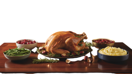 A perfectly roasted golden brown Thanksgiving turkey centerpiece surrounded by festive holiday side dishes on transparent background