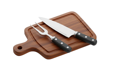 Carving Knife and Fork Set on Wooden Cutting Board