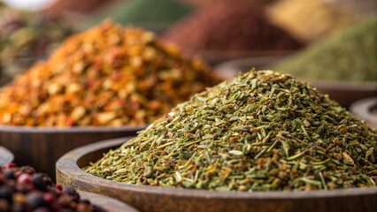 Spices arranged in bowls at a market in a city during daylight hours showcasing various colors and textures