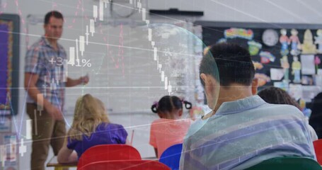 Animation of financial data processing over diverse schoolchildren in class - Powered by Adobe