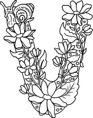 Floral alphabet letter A-Z hand drawn Illustration, Decorative botanical typography for coloring Pages and creative design.Set of flower alphabet.Line art and doodle for t-shirt.Elements with flower.