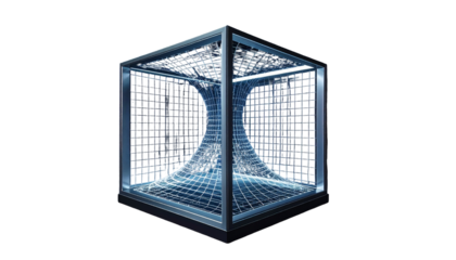 A cube-shaped structure with curved, grid-like interior