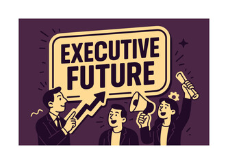Naklejka premium Futuristic Executive Success. Executive future banner, flat vector illustration, bold oversized text inside sticker outline, cartoon characters pointing at a