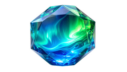 Faceted gemstone with swirling blue and green ethereal light