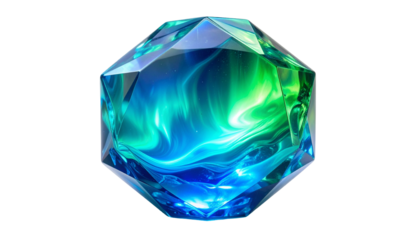 Faceted gemstone with swirling blue and green ethereal light