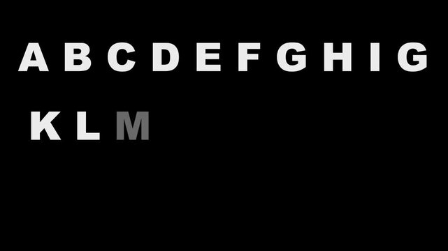 white Alphabet letters A to Z isolated on a black background. Animated alphabet A to Z. Learning letters. Motion design.