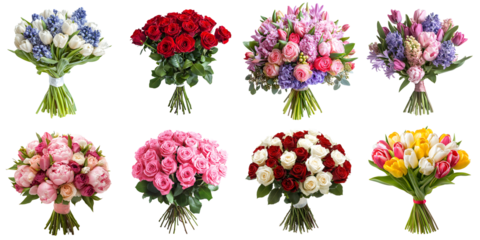 Set of various luxurious, beautiful flower bouquets isolated on a transparent PNG background. Hyacinths, tulips, roses, peonies, mimosas, and eucalyptus