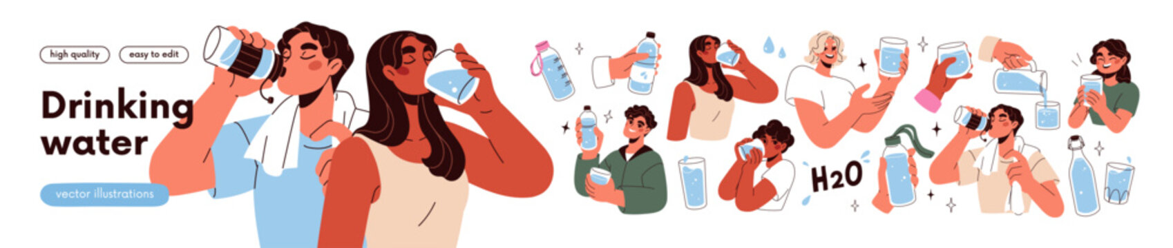 People drinking clear fresh water. Thirsty men, women hydrating. Characters with bottles, glasses, jug. Healthy hydration with clean aqua fluid. Flat vector illustration isolated on white background