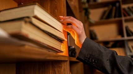 Hand reaching for a book on a wooden shelf in a library or study