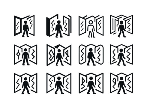 Mirror Maze Logos. wandering through a maze of mirrors. Icon set. Set Logo of wandering through a maze of mirrors: distorted reflection. harmonious logo