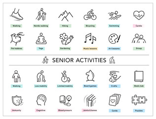 Senior activities set icons. Perfect for health and wellness and pharmacy graphics, this versatile icon set is ideal for health projects. EPS10.	