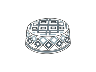 A black and gray geometric patterned cylinder on a solid black background