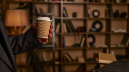 Woman holding a disposable coffee cup in a cozy library with bookshelves in the background © shine.graphics