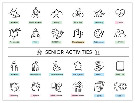 Senior activities set icons. Perfect for health and wellness and pharmacy graphics, this versatile icon set is ideal for health projects. EPS10.	
