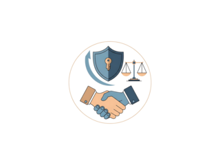 A graphic illustration of a handshake with a shield and scales of justice in the background