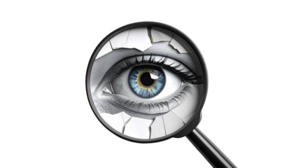 Eye viewed through broken glass with magnifying glass on black