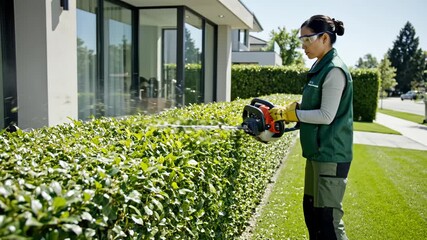 Woman trimming hedge with electric trimmer