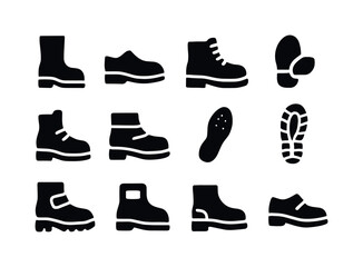 Safety Footwear Icons. Safety footwear. Solid icon set of safety footwear: boots, steel toe, laces, sole, grip, ankle support, reflective strip, insole, tread,