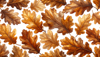 Close-up of autumn oak leaves in warm hues with jagged edges