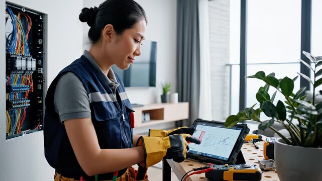 Woman testing electrical panel with multimeter