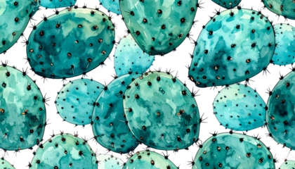 Repeating watercolor pattern of prickly pear cacti pads
