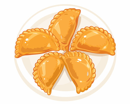 Golden crispy curry puffs arranged on a white plate a delicious snack