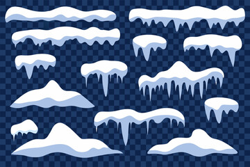 Collection of various icicles and snowdrifts on a transparent background