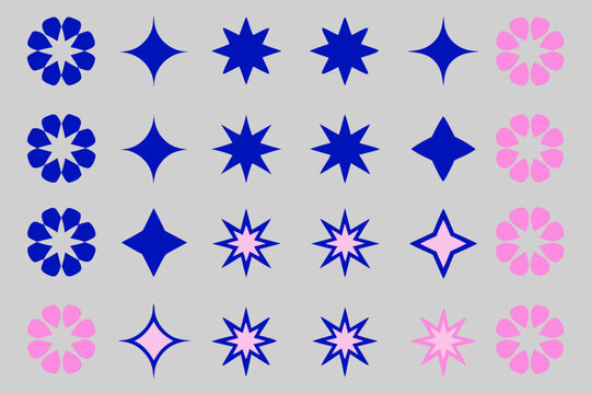 A collection of colorful star and floral shapes on a gray background
